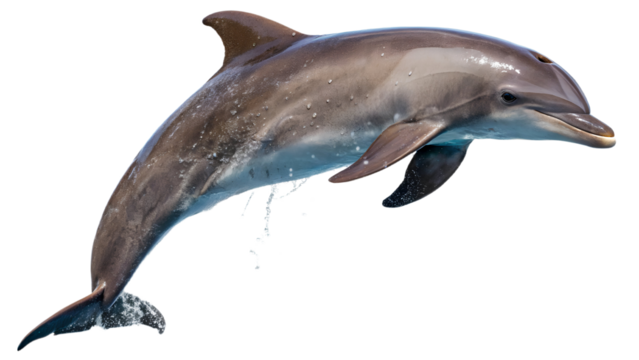 Bottlenose dolphin jumping pose isolated on transparent background, detailed wet skin, natural lighting, clean shadow.
