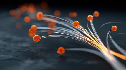 Abstract representation of glowing orange particles and fibers flowing in a dynamic pattern showcasing connectivity and innovation in technology