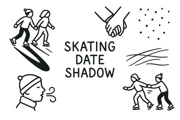 Fototapeta premium Black and white cartoon-style illustration depicting couples holding hands while ice skating, surrounded by winter-themed elements like snowflakes and a person exhaling frosty breath.