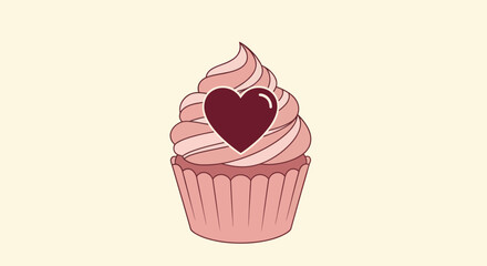 A cupcake with pink frosting and a burgundy heart on top, in a floral-like cup
