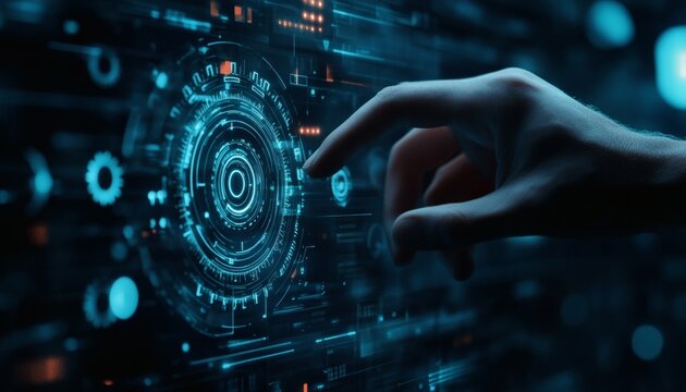 The image shows a hand interacting with a screen displaying glowing blue circles, lines, and other visual elements, suggesting a futuristic user interface.