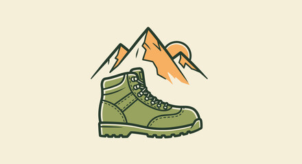 Stylized illustration features a hiking boot beneath mountains and sun against a neutral background