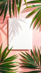 Pink Background White Paper Palm Leaves Shadow