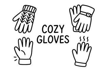 Fototapeta premium Black outline vector image of four cozy gloves with different designs, including knitted, strapped, plain, and heated options.
