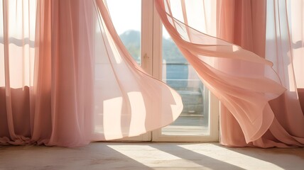 A soft-focus background of a beautiful, empty, sunlit room with sheer curtains blowing gently in the breeze