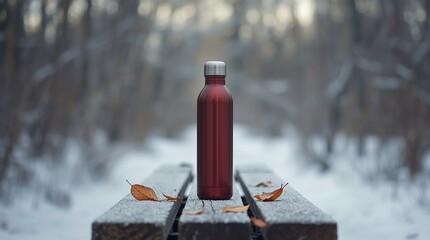 Red metal thermos bottle on snowy wooden bench in cold winter forest, minimal outdoor composition with blurred background, travel accessory concept for hot drink and adventure lifestyle