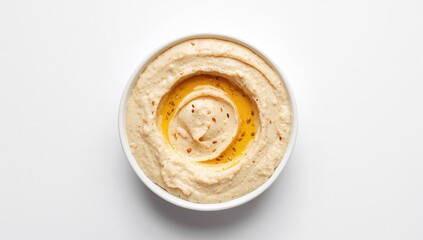 Top view of a bowl filled with homemade chickpea dip on a white surface