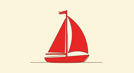 A simple sailboat silhouette with red sails and a flag on a beige background