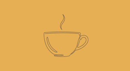 Line drawing of a steaming coffee cup on a muted yellow background