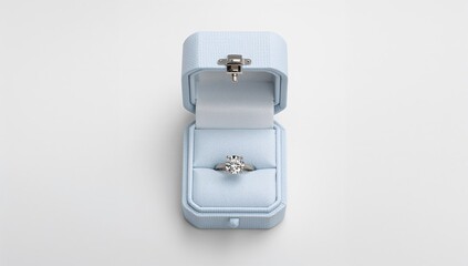 Obraz premium Isolated white background with a blue ring box featuring a diamond jewelry set symbolizing happiness and love
