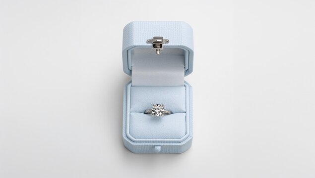 Isolated white background with a blue ring box featuring a diamond jewelry set symbolizing happiness and love