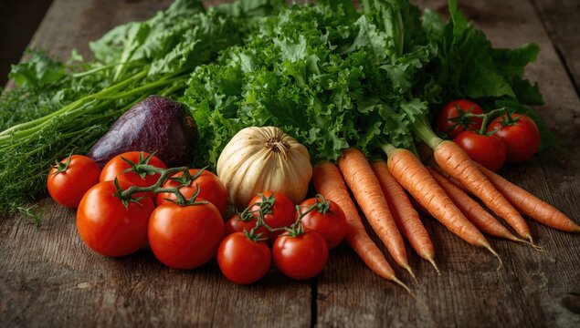 Various types of fresh vegetables displayed on a rustic wooden surface. Concept of natural eating