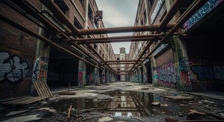 A desolate urban scene depicting the interior of an abandoned building with graffiticovered walls, flooded floors, and rusty pipes, conveying a sense of decay and urban exploration