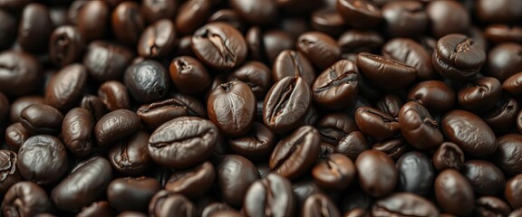 Obraz premium Deep brown, oily coffee beans, close-up detail, cafe, organic