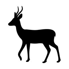 Black silhouette of a deer with antlers walking on a white background