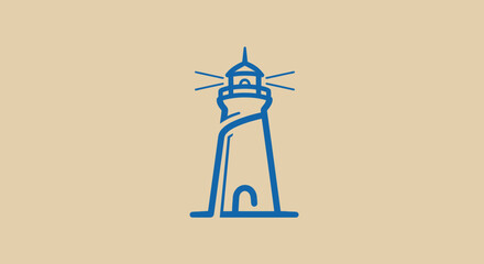 A minimalist blue lighthouse logo on a tan background. The light rays extend outward