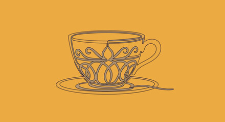 An outlined teacup with intricate designs sits on a saucer, handle to the right, with a spoon