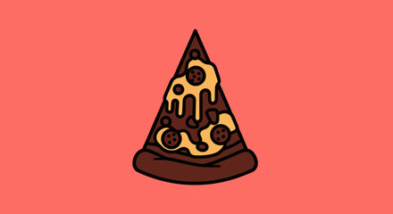 Fototapeta premium A cartoon pizza slice with melted cheese, pepperoni, and a dark brown crust, set on pink
