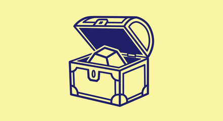 A detailed line art illustration of an open treasure chest with a geometric object inside