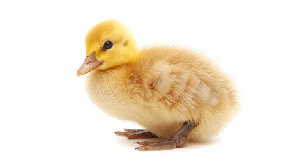Fototapeta premium Adorable tiny yellow gosling with soft feathers on a white backdrop.