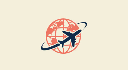 A stylized airplane silhouette circles a globe icon, with a swoosh, against a cream background © gudangPIXEL