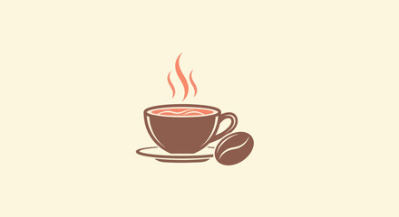 Minimalist illustration of a coffee cup with steam, a saucer, and a bean