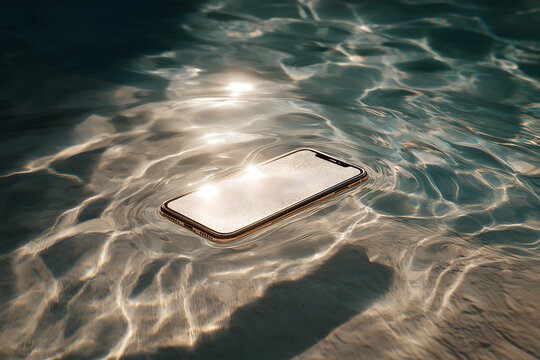 Smartphone floating in pool concept: Modern phone floats serenely on rippling water surface, reflecting sunlight, evoking calmness and unexpected tech reliance