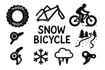 Black and white vector icons of snow bicycle components and related symbols, including tires, frame, cyclist, and winter elements.