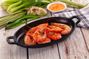 Delicous boiled tiger prawn with sauce