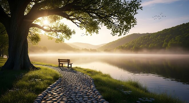 Serene morning landscape with a bench by a misty lake at sunrise.