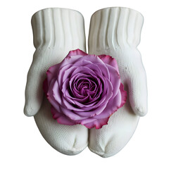 Gentle hands in white mittens carefully holding a beautiful purple rose, offering love and serenity in a symbolic romantic gesture for Valentine's Day