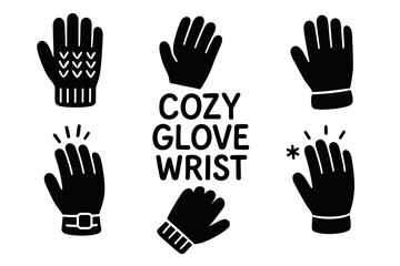 Obraz premium Black silhouette icon set featuring various glove designs, including knit patterns, buckled straps, and cozy wrist cuffs.
