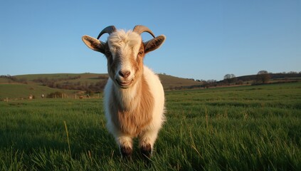 A lovely goat standing in a grassy meadow