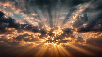 Fototapeta premium Majestic Sunrise with Rays of Light Emerging from Dark Clouds Over a Tranquil Horizon at Dawn Creating a Breathtaking Atmospheric Scene