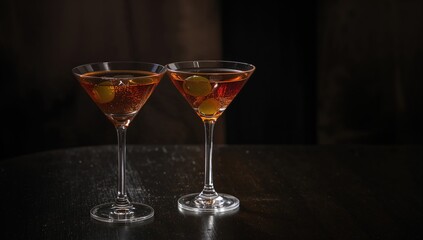 Two glasses of dirty martini with olives and vermouth on a dark surface, side perspective with room for text