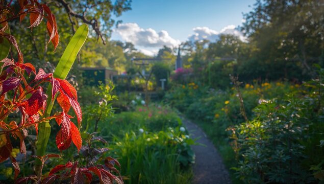 Morning sunlight illuminates vibrant red leaves covered in dew in a thriving garden - Powered by Adobe