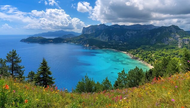 Stunning mountain views and vibrant pine forests along a coastal region by the sea