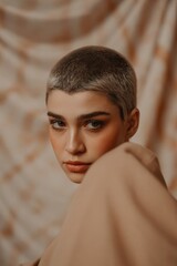 Portrait of young person with buzz cut and natural makeup, wrapped in soft fabric, looking into camera with intense gaze, warm neutral backdrop