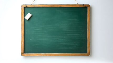 A Teacher�s Day concept featuring an empty green chalkboard with an eraser and white chalk, hanging on the wall against a white background.