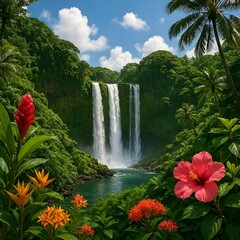 Tropical Waterfall Paradise with Lush Greenery and Exotic Flowers