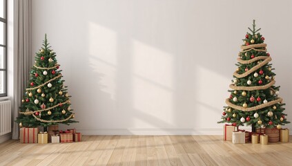 Fototapeta premium Festive tree adorned with lights and ornaments on a blank display backdrop. Bohemian style living area decoration. Premium 3D artwork.
