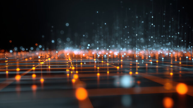 Glowing data grid digital network tech background futuristic abstract neon dots depth of field cyber theme orange blue lights with energy