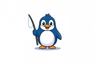 Fototapeta premium Adorable cartoon penguin character holding a fishing pole, isolated illustration