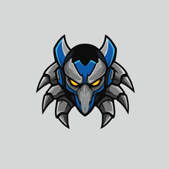 Futuristic mechanical bird head mascot logo in blue and gray colors with glowing yellow eyes