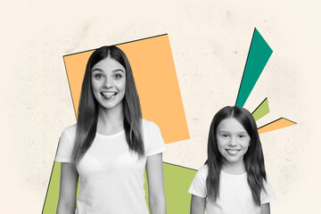 Collage of funny happy mother and daughter bonding together over modern geometric abstract design