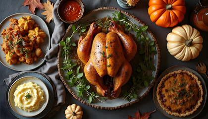 Thanksgiving dinner top view turkey on the table 
