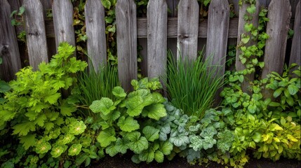 Naklejka premium Lush Green Plants Growing Along a Rustic Wooden Fence with Vibrant Leaves and Varied Textures Surrounding a Cozy Garden Space