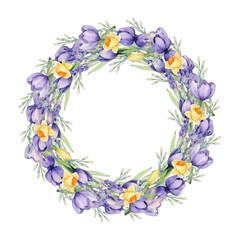 Watercolor contour pattern with spring flowers. Tulips, daffodils, cockscombs in fresh, yellow and purple tones. Round frame with spring flowers. Flowers arranged in a circle. Vector