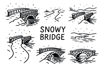 Obraz premium Collection of six monochrome illustrations depicting various snowy bridges and paths in a winter landscape with the text 