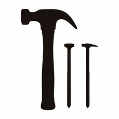 Black silhouette of a hammer and two nails on a white background